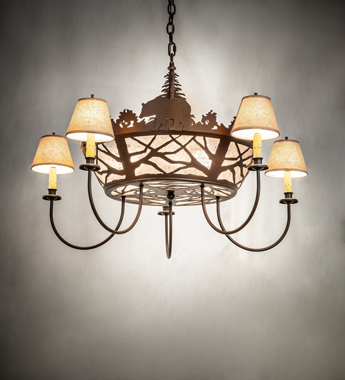 Meyda Lighting Black Bear 38" 8-Light Cafe Noir Chandelier With Silver Mica & Brown Parchment Shade