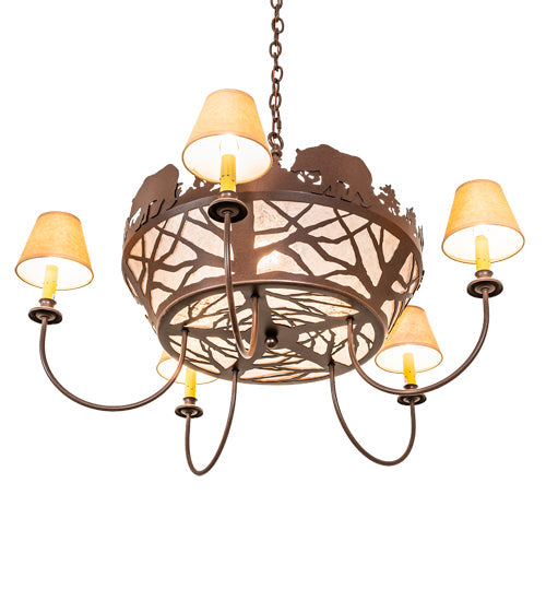 Meyda Lighting Black Bear 38" 8-Light Cafe Noir Chandelier With Silver Mica & Brown Parchment Shade