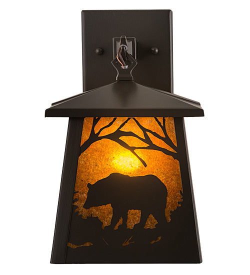Meyda Lighting Black Bear 7" Timeless Bronze Hanging Wall Sconce With Amber Mica Shade Glass