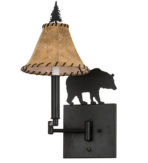 Meyda Lighting Black Bear 8-16" Textured Black Swing Arm Wall Sconce With Beige Tan Faux Shade