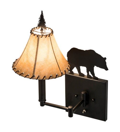 Meyda Lighting Black Bear 8-16" Textured Black Swing Arm Wall Sconce With Beige Tan Faux Shade