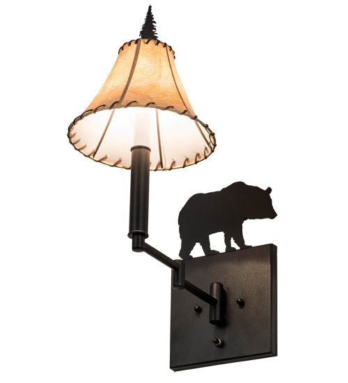 Meyda Lighting Black Bear 8-16" Textured Black Swing Arm Wall Sconce With Beige Tan Faux Shade