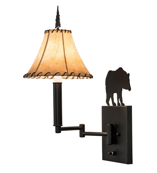 Meyda Lighting Black Bear 8-16" Textured Black Swing Arm Wall Sconce With Beige Tan Faux Shade