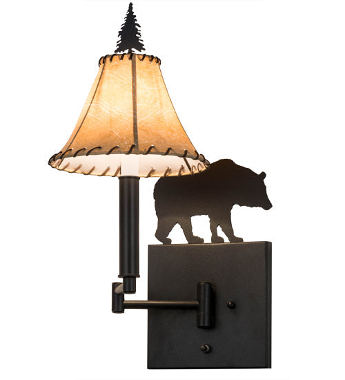 Meyda Lighting Black Bear 8-16" Textured Black Swing Arm Wall Sconce With Beige Tan Faux Shade