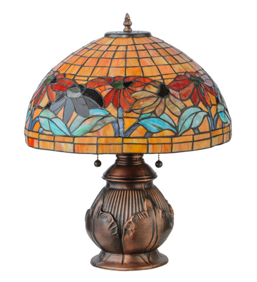 Meyda Lighting Black Eyed Susan 20" 2-Light Antique Copper Table Lamp With Multi-Colored Shade Glass