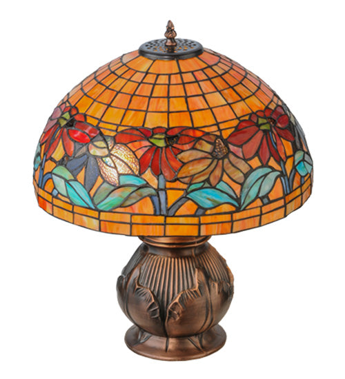 Meyda Lighting Black Eyed Susan 20" 2-Light Antique Copper Table Lamp With Multi-Colored Shade Glass