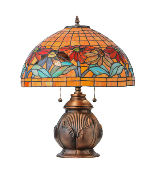 Meyda Lighting Black Eyed Susan 20" 2-Light Antique Copper Table Lamp With Multi-Colored Shade Glass
