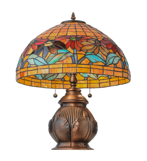Meyda Lighting Black Eyed Susan 20" 2-Light Antique Copper Table Lamp With Multi-Colored Shade Glass