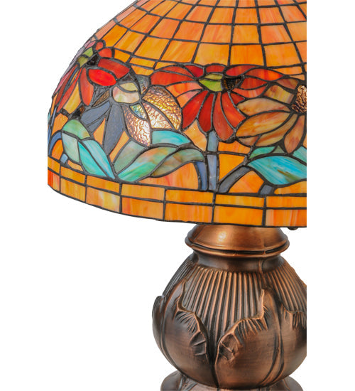 Meyda Lighting Black Eyed Susan 20" 2-Light Antique Copper Table Lamp With Multi-Colored Shade Glass
