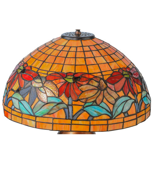 Meyda Lighting Black Eyed Susan 20" 2-Light Antique Copper Table Lamp With Multi-Colored Shade Glass