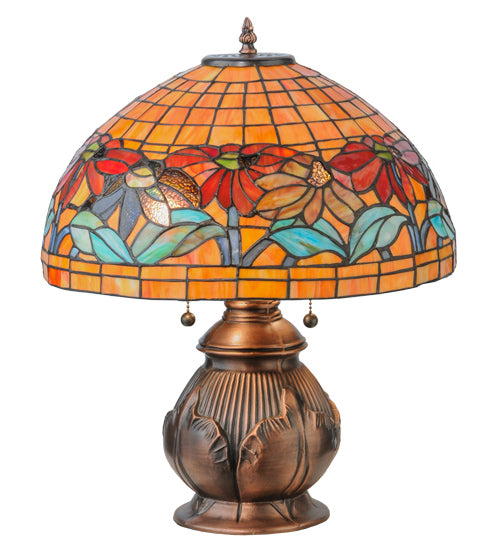 Meyda Lighting Black Eyed Susan 20" 2-Light Antique Copper Table Lamp With Multi-Colored Shade Glass