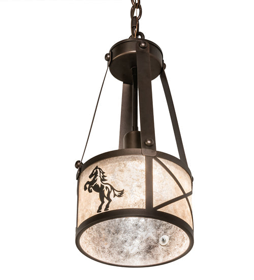 Meyda Lighting Black Stallion 8" Mahogany Bronze & Solar Black Mini Pendant Light With Silver Mica Shade Glass