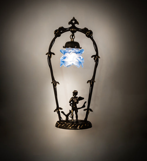 Meyda Lighting Blue Cherub With Violin 19" Mahogany Bronze Mini Table Lamp With Blue Shade Glass