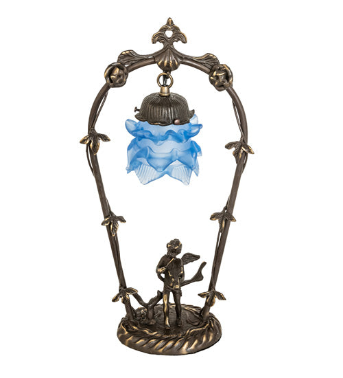 Meyda Lighting Blue Cherub With Violin 19" Mahogany Bronze Mini Table Lamp With Blue Shade Glass
