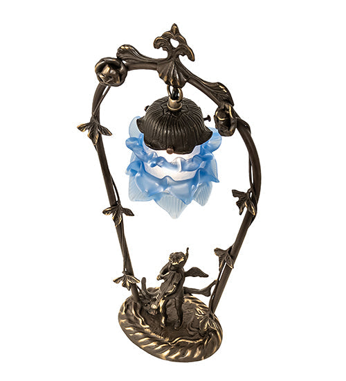 Meyda Lighting Blue Cherub With Violin 19" Mahogany Bronze Mini Table Lamp With Blue Shade Glass