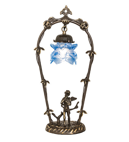 Meyda Lighting Blue Cherub With Violin 19" Mahogany Bronze Mini Table Lamp With Blue Shade Glass