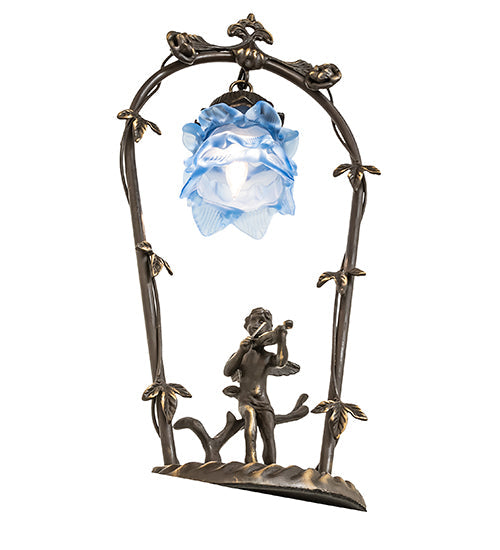 Meyda Lighting Blue Cherub With Violin 19" Mahogany Bronze Mini Table Lamp With Blue Shade Glass