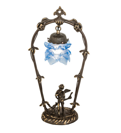 Meyda Lighting Blue Cherub With Violin 19" Mahogany Bronze Mini Table Lamp With Blue Shade Glass