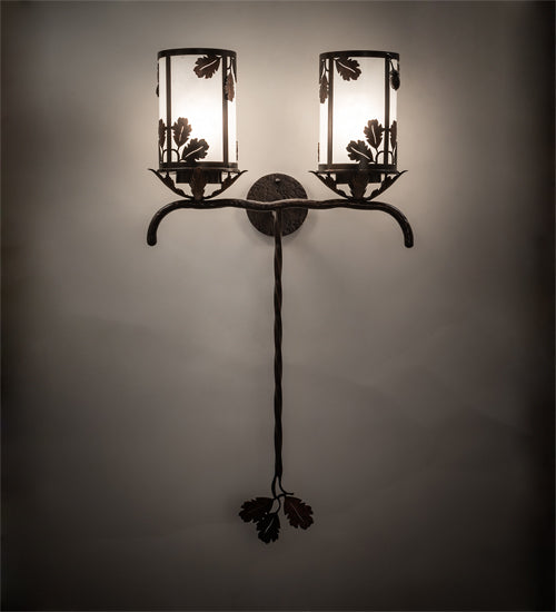 Meyda Lighting Blue Oak 20" 2-Light Hanna Copper & Cimarron Bronze Wall Sconce With Frosted Seeded Shade Glass