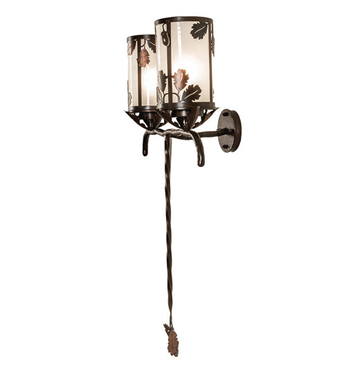 Meyda Lighting Blue Oak 20" 2-Light Hanna Copper & Cimarron Bronze Wall Sconce With Frosted Seeded Shade Glass