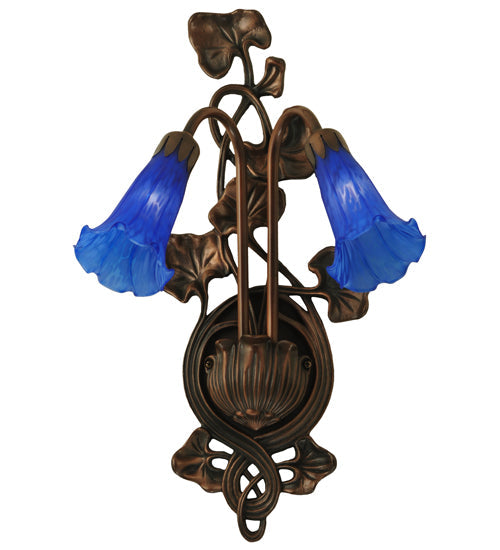 Meyda Lighting Blue Pond Lily 11" 2-Light Mahogany Bronze Wall Sconce With Blue Shade Glass