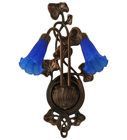 Meyda Lighting Blue Pond Lily 11" 2-Light Mahogany Bronze Wall Sconce With Blue Shade Glass