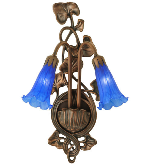 Meyda Lighting Blue Pond Lily 11" 2-Light Mahogany Bronze Wall Sconce With Blue Shade Glass