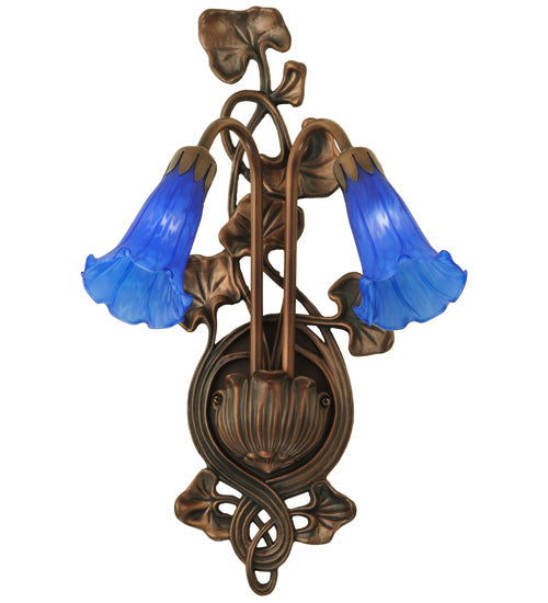 Meyda Lighting Blue Pond Lily 11" 2-Light Mahogany Bronze Wall Sconce With Blue Shade Glass