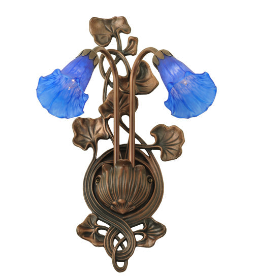 Meyda Lighting Blue Pond Lily 11" 2-Light Mahogany Bronze Wall Sconce With Blue Shade Glass