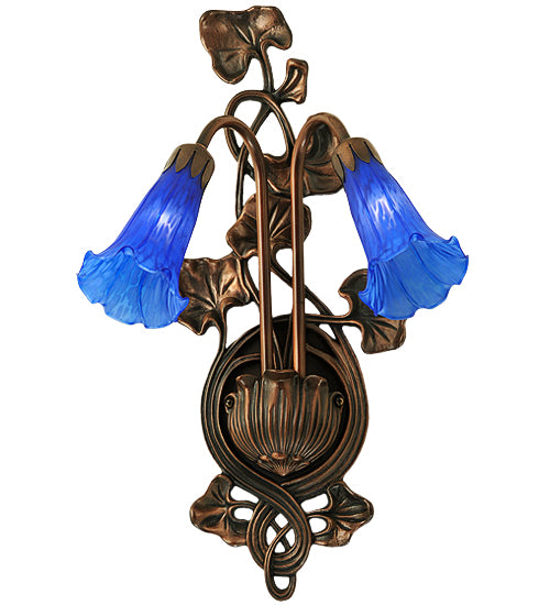 Meyda Lighting Blue Pond Lily 11" 2-Light Mahogany Bronze Wall Sconce With Blue Shade Glass