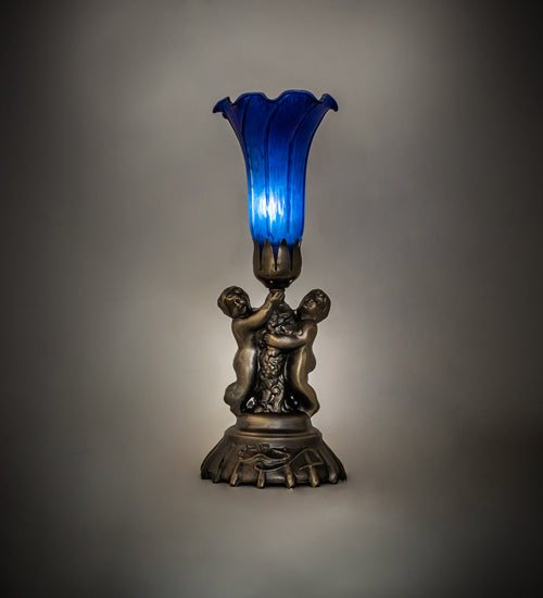 Meyda Lighting Blue Tiffany Pond Lily 13" Antique Brass Twin Cherub Table Lamp With Blue Shade Glass