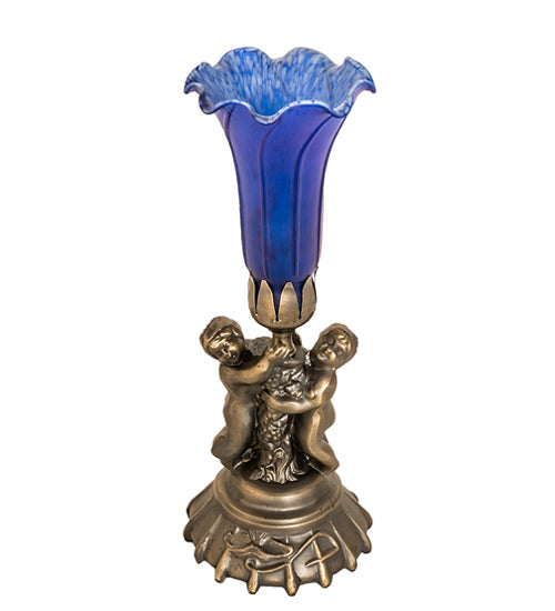 Meyda Lighting Blue Tiffany Pond Lily 13" Antique Brass Twin Cherub Table Lamp With Blue Shade Glass