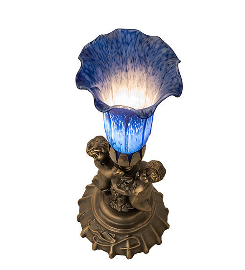 Meyda Lighting Blue Tiffany Pond Lily 13" Antique Brass Twin Cherub Table Lamp With Blue Shade Glass