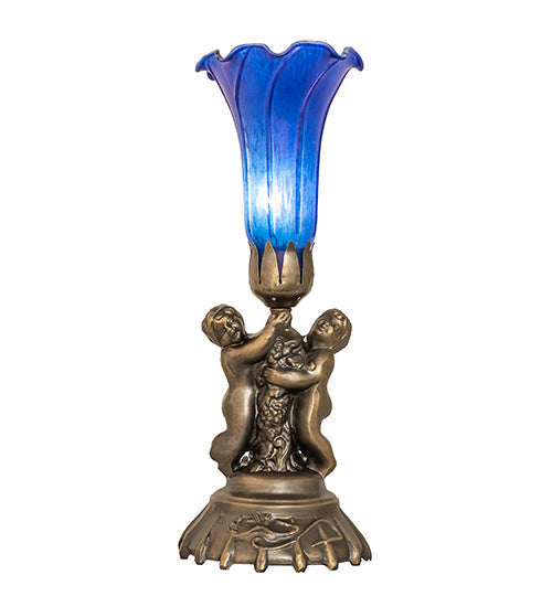 Meyda Lighting Blue Tiffany Pond Lily 13" Antique Brass Twin Cherub Table Lamp With Blue Shade Glass