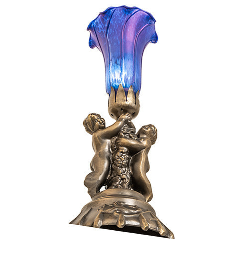 Meyda Lighting Blue Tiffany Pond Lily 13" Antique Brass Twin Cherub Table Lamp With Blue Shade Glass