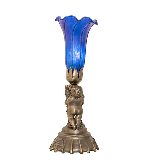 Meyda Lighting Blue Tiffany Pond Lily 13" Antique Brass Twin Cherub Table Lamp With Blue Shade Glass