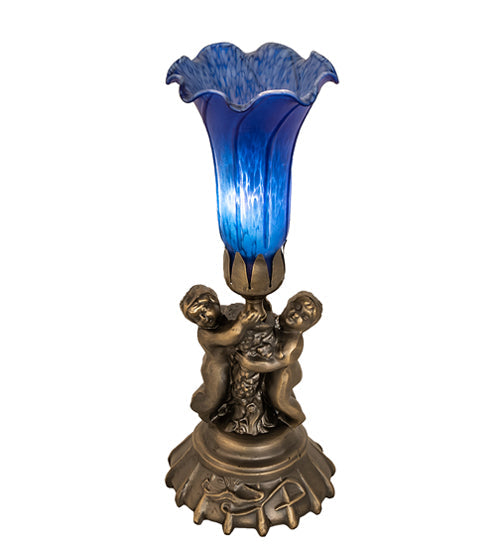 Meyda Lighting Blue Tiffany Pond Lily 13" Antique Brass Twin Cherub Table Lamp With Blue Shade Glass