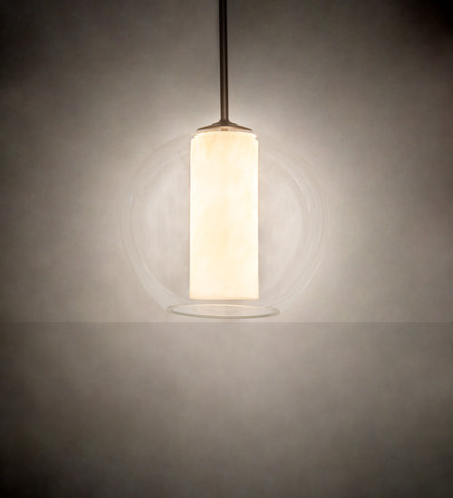 Meyda Lighting Bola 18" Tyler Bronze Cilindro Pendant Light With Clear Glass & Shara Taupe Idalight Shade