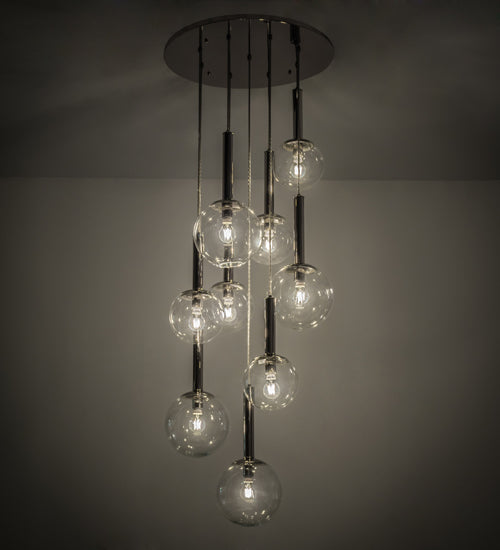Meyda Lighting Bola 26" 9-Light Polished Nickel Cascading Pendant Light With Clear Shade Glass