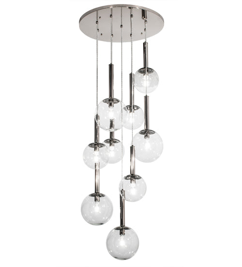 Meyda Lighting Bola 26" 9-Light Polished Nickel Cascading Pendant Light With Clear Shade Glass
