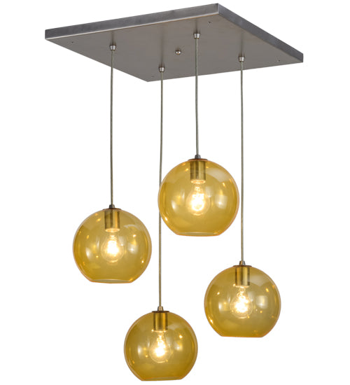 Meyda Lighting Bola 28" 4-Light Brushed Nickel Powder Coat Cascading Pendant Light With Amber Shade Glass