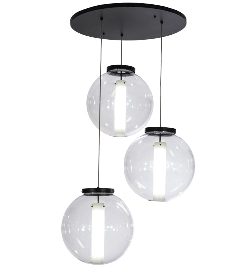 Meyda Lighting Bola 34" 3-Light Black Textured Cilindro Cascading Pendant Light With Crystal & Statuario Idalight Shade Glass