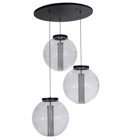 Meyda Lighting Bola 34" 3-Light Black Textured Cilindro Cascading Pendant Light With Crystal & Statuario Idalight Shade Glass