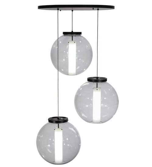 Meyda Lighting Bola 34" 3-Light Black Textured Cilindro Cascading Pendant Light With Crystal & Statuario Idalight Shade Glass