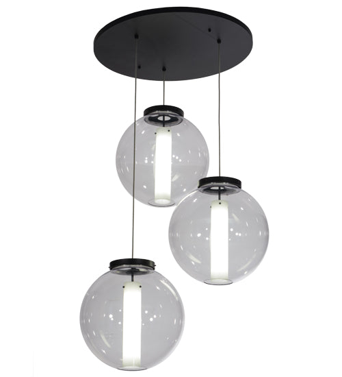 Meyda Lighting Bola 34" 3-Light Black Textured Cilindro Cascading Pendant Light With Crystal & Statuario Idalight Shade Glass