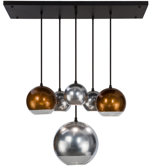 Meyda Lighting Bola 36" 6-Light Solar Black Metalica Cascading Pendant Light With Copper & Silver Shade