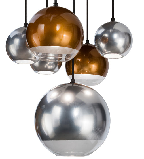 Meyda Lighting Bola 36" 6-Light Solar Black Metalica Cascading Pendant Light With Copper & Silver Shade