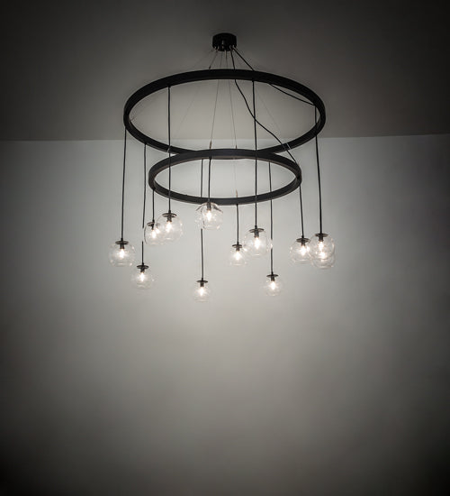 Meyda Lighting Bola 54" 12-Light 2-Tier Solar Black Chandelier With Clear Seeded Shade Glass