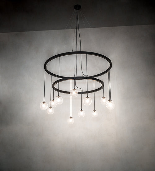 Meyda Lighting Bola 59" 12-Light 2-Tier Solar Black Cascading Chandelier With Clear Seeded Shade Glass