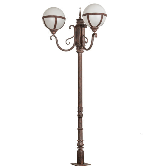 Meyda Lighting Bola 84"H x 35"W 2-Light Rusty Nail Tavern Street Outdoor Post Mount Light With Clear Frosted Shade